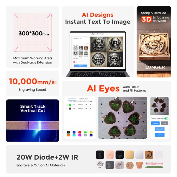 LONGER Nano Duo AI lézergravírozó – 20W kék + 2W IR lézer, 300×300 mm, 10000 mm/s, 16MP AI kamera, fa/fém/akril/bőr kompatibilis