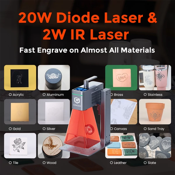 LONGER Nano Duo AI lézergravírozó – 20W kék + 2W IR lézer, 300×300 mm, 10000 mm/s, 16MP AI kamera, fa/fém/akril/bőr kompatibilis