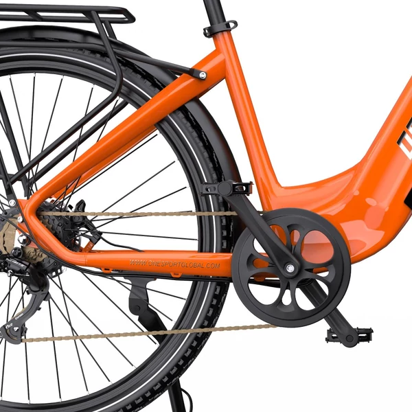 ONESPORT OT05 Pro elektromos kerékpár – 250W motor, 36V 22.5Ah akku, 140 km hatótáv, 25 km/h, hidraulikus fék, első teleszkóp, Shimano 7 sebesség – Narancs