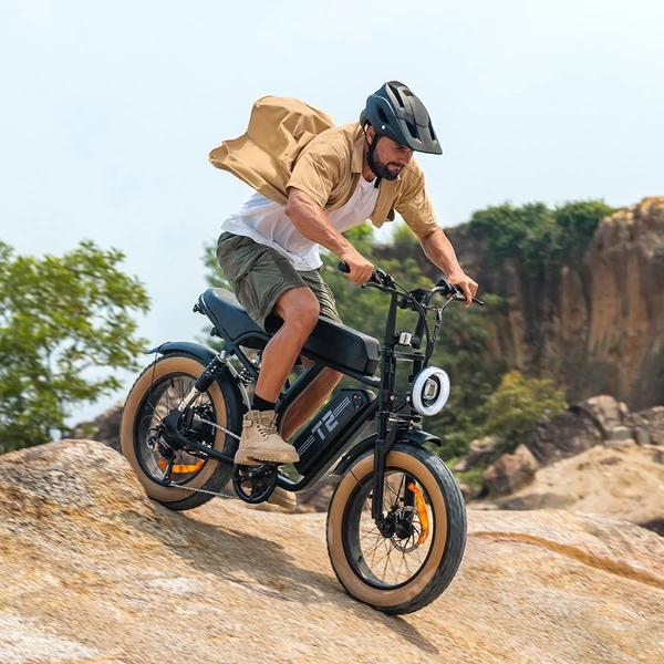 URLIFE T2 elektromos kerékpár – 500W motor, 48V 15.6Ah akku, 20×4.0 gumik, 25 km/h, dupla tárcsafék, teljes felfüggesztés, Shimano 7 seb. – Barna