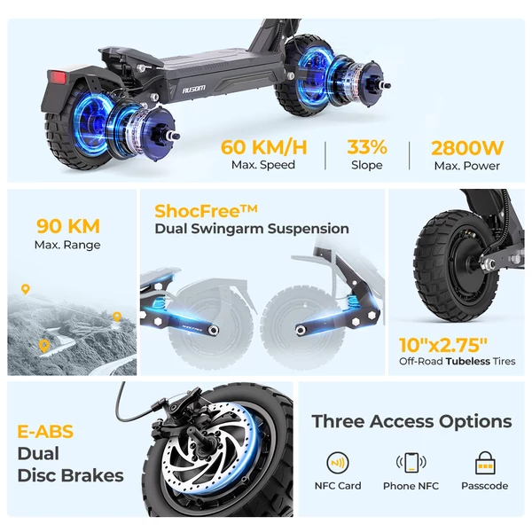 Ausom Gosoul 2 Pro elektromos roller, 2×1000W motorral, 48V 18Ah akkuval, 60 km/h végsebességgel és 90 km hatótávval