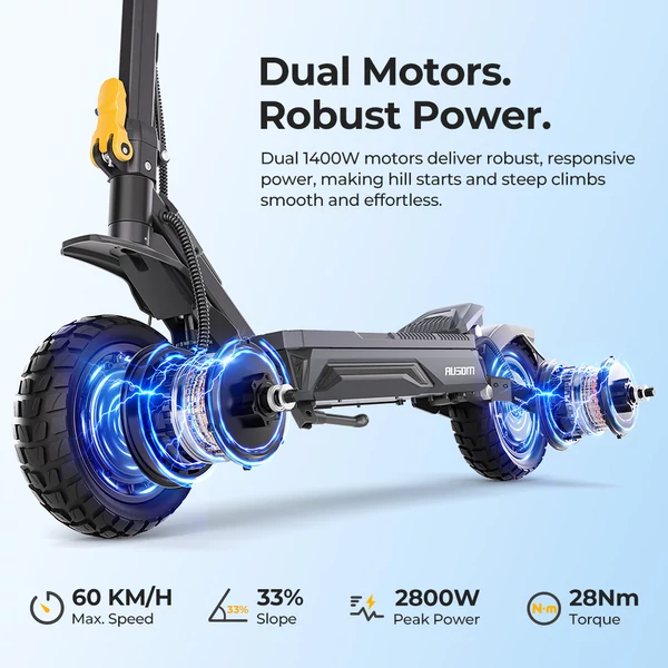 Ausom Gosoul 2 Pro elektromos roller, 2×1000W motorral, 48V 18Ah akkuval, 60 km/h végsebességgel és 90 km hatótávval