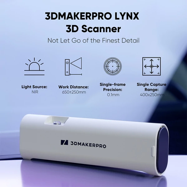 3DMakerpro Lynx 3D szkenner Standard Edition – 0.10mm pontosság, 0.30mm felbontás, 10fps, Class 1 fehér fény, vizuális követés, 250×400mm felvételi tartomány