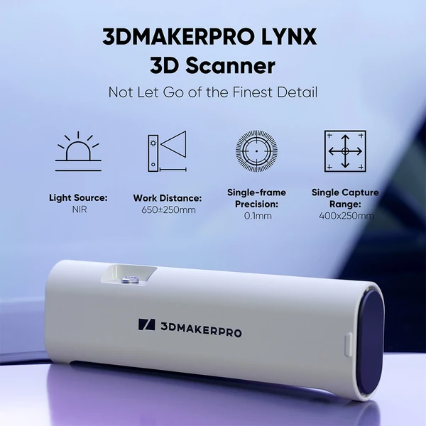 3DMakerpro Lynx 3D szkenner Luxury Edition – 0,10 mm pontosság, 0,30 mm felbontás, 10 fps, fehér fény, vizuális követés, 250×400 mm tartomány