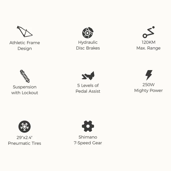 Foride Xtremer 3 elektromos kerékpár, 250W motor, 48V 12Ah akku, 29” gumi, 25 km/h, 120 km hatótáv, hidraulikus fék, rugóvilla, Shimano 7 sebesség