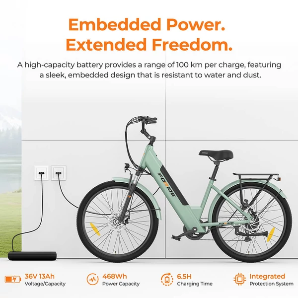 Foride Roamer 1 Step-Thru elektromos kerékpár, 250W, 36V 13Ah, 27.5", 25 km/h, 100 km hatótáv, tárcsafék, rugóvilla, Shimano 7 – Zöld