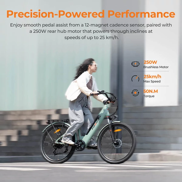 Foride Roamer 1 Step-Thru elektromos kerékpár, 250W, 36V 13Ah, 27.5", 25 km/h, 100 km hatótáv, tárcsafék, rugóvilla, Shimano 7 – Zöld