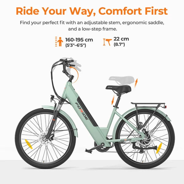 Foride Roamer 1 Step-Thru elektromos kerékpár, 250W, 36V 13Ah, 27.5", 25 km/h, 100 km hatótáv, tárcsafék, rugóvilla, Shimano 7 – Zöld