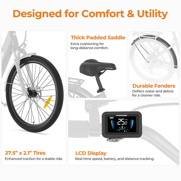 Foride Roamer 1 Step-Thru elektromos kerékpár, 250W, 36V 13Ah, 27.5", 25 km/h, 100 km hatótáv, tárcsafék, rugóvilla, Shimano 7 – Zöld