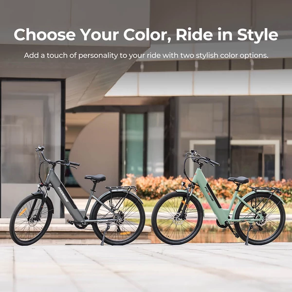 Foride Roamer 1 Step-Thru elektromos kerékpár, 250W, 36V 13Ah, 27.5", 25 km/h, 100 km hatótáv, tárcsafék, rugóvilla, Shimano 7 – Zöld