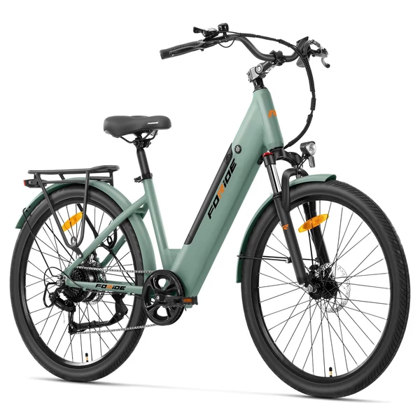 Foride Roamer 1 Step-Thru elektromos kerékpár, 250W, 36V 13Ah, 27.5", 25 km/h, 100 km hatótáv, tárcsafék, rugóvilla, Shimano 7 – Zöld