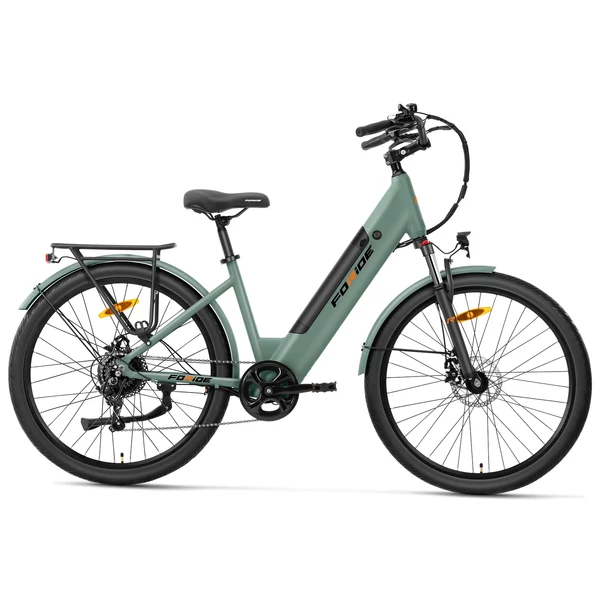 Foride Roamer 1 Step-Thru elektromos kerékpár, 250W, 36V 13Ah, 27.5", 25 km/h, 100 km hatótáv, tárcsafék, rugóvilla, Shimano 7 – Zöld