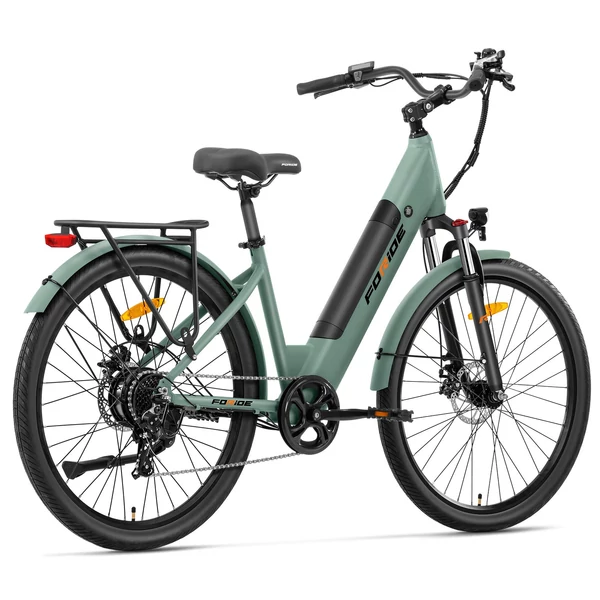 Foride Roamer 1 Step-Thru elektromos kerékpár, 250W, 36V 13Ah, 27.5", 25 km/h, 100 km hatótáv, tárcsafék, rugóvilla, Shimano 7 – Zöld