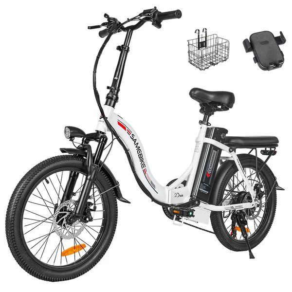 SAMEBIKE CY20 összecsukható elektromos kerékpár, 20” küllős kerék, 350W motor, 36V 12Ah akku, 32 km/h, 80 km hatótáv, dupla rugózás – Fehér