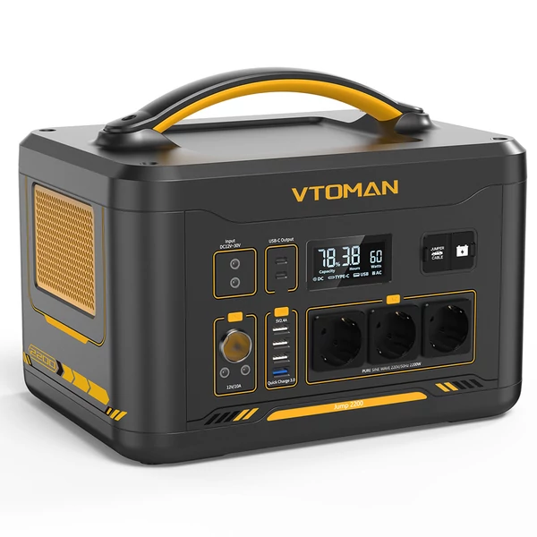 VTOMAN Jump 2200 hordozható áramforrás, 1548Wh LiFePO4 akkumulátorral, 2200W AC kimenettel, bővíthető 3096Wh kapacitásig