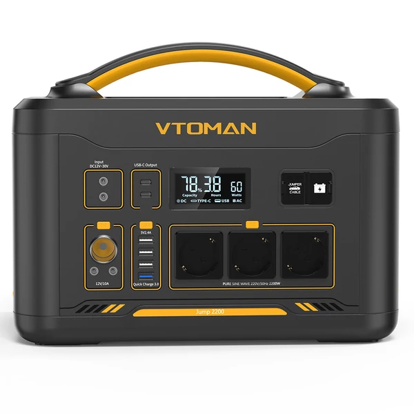 VTOMAN Jump 2200 hordozható áramforrás, 1548Wh LiFePO4 akkumulátorral, 2200W AC kimenettel, bővíthető 3096Wh kapacitásig