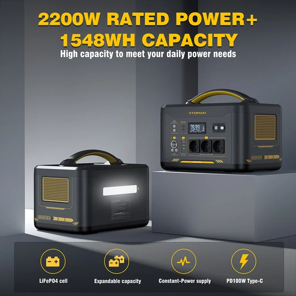 VTOMAN Jump 2200 hordozható áramforrás, 1548Wh LiFePO4 akkumulátorral, 2200W AC kimenettel, bővíthető 3096Wh kapacitásig