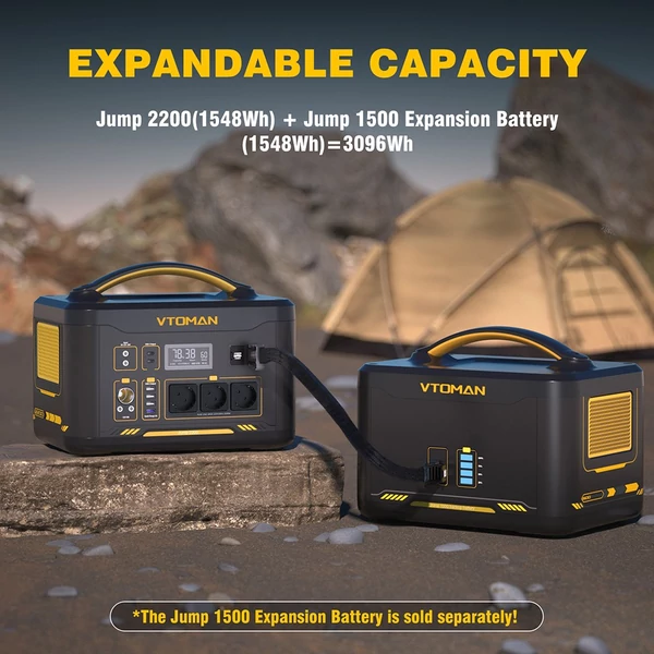 VTOMAN Jump 2200 hordozható áramforrás, 1548Wh LiFePO4 akkumulátorral, 2200W AC kimenettel, bővíthető 3096Wh kapacitásig