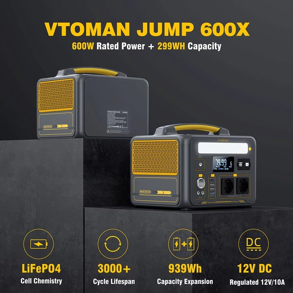 VTOMAN JUMP 600X hordozható erőmű 299Wh, 600W tiszta szinusz, bővíthető 939Wh kapacitás, 9 porttal, PD 60W USB‑C