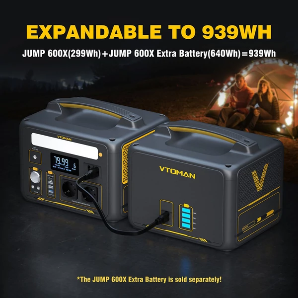 VTOMAN JUMP 600X hordozható erőmű 299Wh, 600W tiszta szinusz, bővíthető 939Wh kapacitás, 9 porttal, PD 60W USB‑C