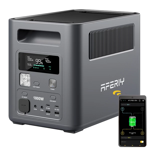 AFERIY Nomad1800 hordozható erőmű – 1024Wh LiFePO4 akkumulátor, 1800W tiszta szinusz, <10 ms UPS, 9 kimenet, 140W USB‑C PD, gyors dupla töltés