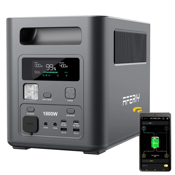 AFERIY Nomad1800 hordozható erőmű – 1024Wh LiFePO4 akkumulátor, 1800W tiszta szinusz, <10 ms UPS, 9 kimenet, 140W USB‑C PD, gyors dupla töltés