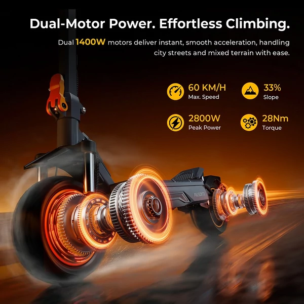 Ausom K20 Pro elektromos roller – 2×1000W motor, 48V 18Ah akku, 60 km/h, 90 km hatótáv, 10" kerék, első‑hátsó tárcsafék, NFC nyitás