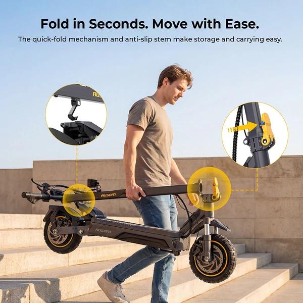 Ausom K20 Pro elektromos roller – 2×1000W motor, 48V 18Ah akku, 60 km/h, 90 km hatótáv, 10" kerék, első‑hátsó tárcsafék, NFC nyitás