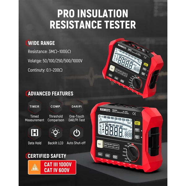 KAIWEETS KE1000 szigetelésvizsgáló 1000V, 3MΩ–100GΩ megohmmérő, TRMS multiméter, DAR/PI automata, 5 tesztfeszültség, LCD kijelző