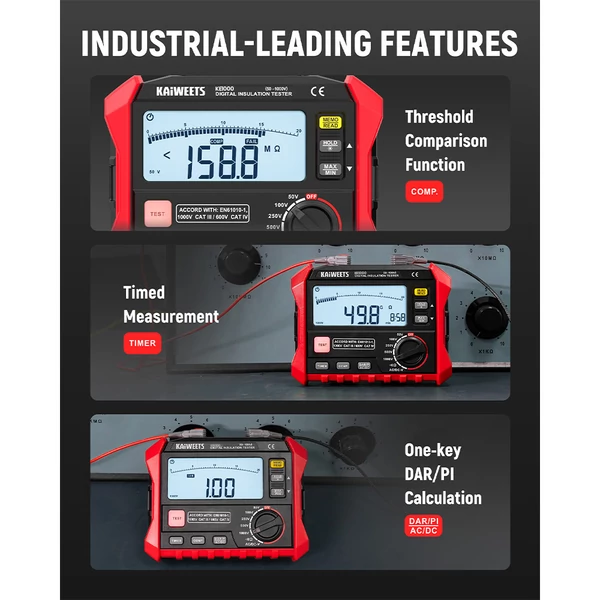 KAIWEETS KE1000 szigetelésvizsgáló 1000V, 3MΩ–100GΩ megohmmérő, TRMS multiméter, DAR/PI automata, 5 tesztfeszültség, LCD kijelző