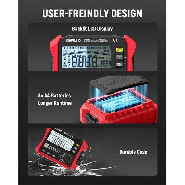 KAIWEETS KE1000 szigetelésvizsgáló 1000V, 3MΩ–100GΩ megohmmérő, TRMS multiméter, DAR/PI automata, 5 tesztfeszültség, LCD kijelző