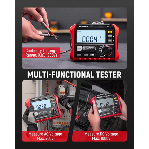 KAIWEETS KE1000 szigetelésvizsgáló 1000V, 3MΩ–100GΩ megohmmérő, TRMS multiméter, DAR/PI automata, 5 tesztfeszültség, LCD kijelző