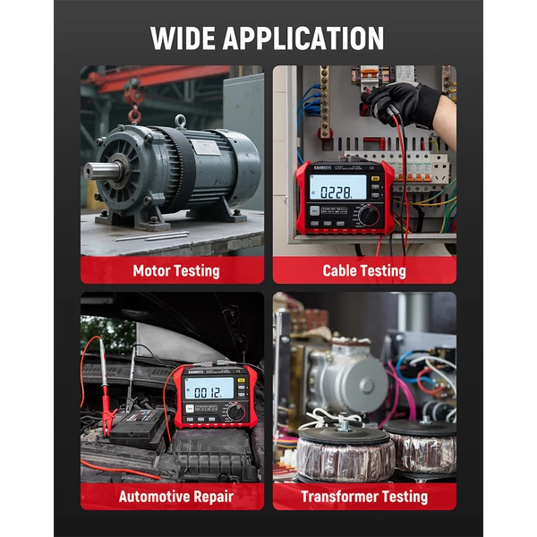 KAIWEETS KE1000 szigetelésvizsgáló 1000V, 3MΩ–100GΩ megohmmérő, TRMS multiméter, DAR/PI automata, 5 tesztfeszültség, LCD kijelző
