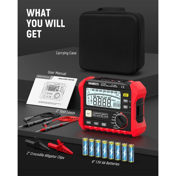KAIWEETS KE1000 szigetelésvizsgáló 1000V, 3MΩ–100GΩ megohmmérő, TRMS multiméter, DAR/PI automata, 5 tesztfeszültség, LCD kijelző