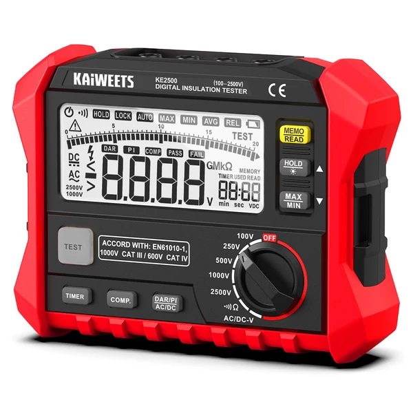KAIWEETS KE2500 szigetelésvizsgáló 2500V, 0.1MΩ–200GΩ megohmmérő, DAR/PI auto, 5 feszültségfokozat, TRMS multiméter