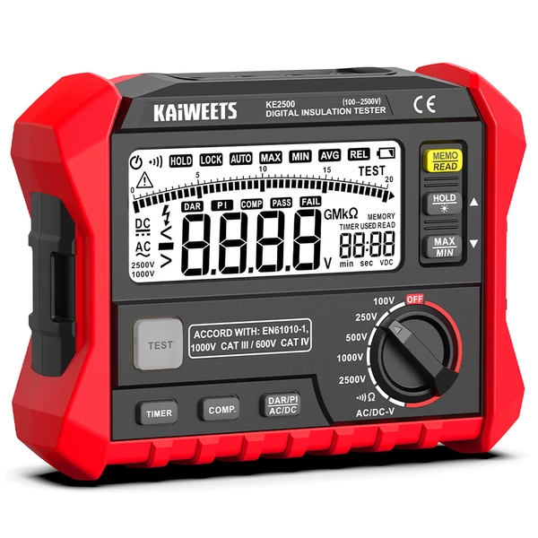 KAIWEETS KE2500 szigetelésvizsgáló 2500V, 0.1MΩ–200GΩ megohmmérő, DAR/PI auto, 5 feszültségfokozat, TRMS multiméter