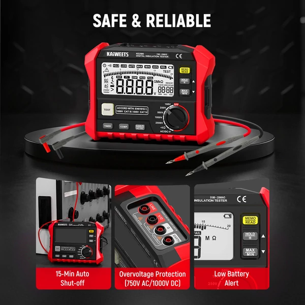 KAIWEETS KE2500 szigetelésvizsgáló 2500V, 0.1MΩ–200GΩ megohmmérő, DAR/PI auto, 5 feszültségfokozat, TRMS multiméter