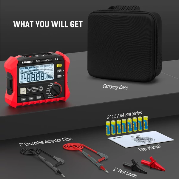 KAIWEETS KE2500 szigetelésvizsgáló 2500V, 0.1MΩ–200GΩ megohmmérő, DAR/PI auto, 5 feszültségfokozat, TRMS multiméter