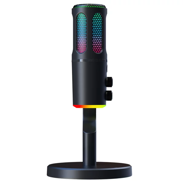 USB Plug & Play asztali mikrofon BP1532B1 hangkártyával, RGB fénnyel, zajszűréssel, kardioid iránnyal, Type‑C csatlakozóval és 3,5 mm monitorozással