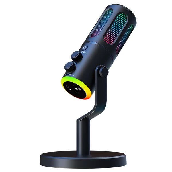 USB Plug & Play asztali mikrofon BP1532B1 hangkártyával, RGB fénnyel, zajszűréssel, kardioid iránnyal, Type‑C csatlakozóval és 3,5 mm monitorozással