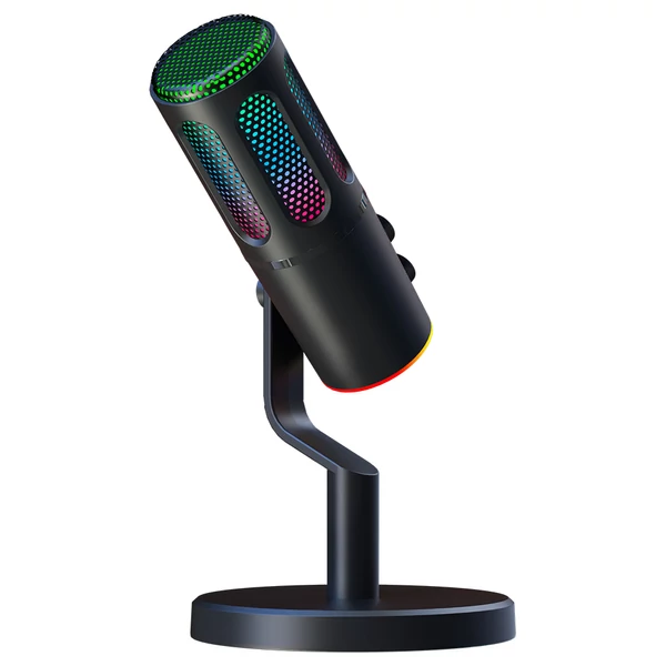 USB Plug & Play asztali mikrofon BP1532B1 hangkártyával, RGB fénnyel, zajszűréssel, kardioid iránnyal, Type‑C csatlakozóval és 3,5 mm monitorozással