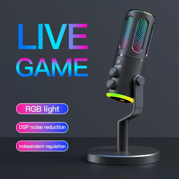 USB Plug & Play asztali mikrofon BP1532B1 hangkártyával, RGB fénnyel, zajszűréssel, kardioid iránnyal, Type‑C csatlakozóval és 3,5 mm monitorozással