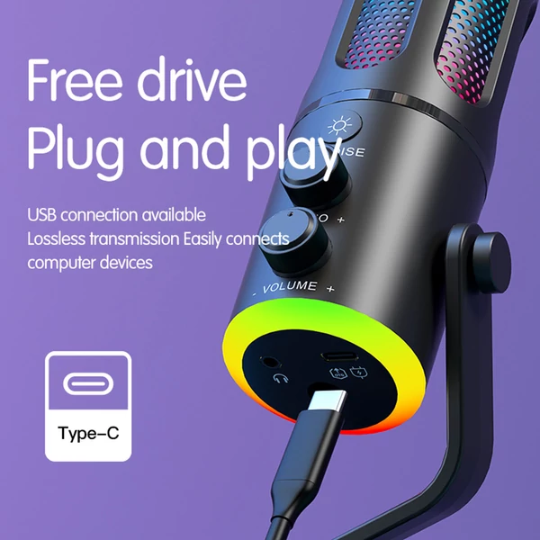 USB Plug & Play asztali mikrofon BP1532B1 hangkártyával, RGB fénnyel, zajszűréssel, kardioid iránnyal, Type‑C csatlakozóval és 3,5 mm monitorozással
