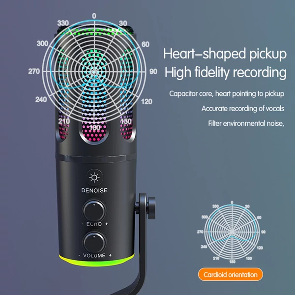 USB Plug & Play asztali mikrofon BP1532B1 hangkártyával, RGB fénnyel, zajszűréssel, kardioid iránnyal, Type‑C csatlakozóval és 3,5 mm monitorozással
