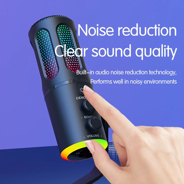 USB Plug & Play asztali mikrofon BP1532B1 hangkártyával, RGB fénnyel, zajszűréssel, kardioid iránnyal, Type‑C csatlakozóval és 3,5 mm monitorozással