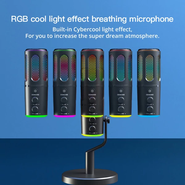 USB Plug & Play asztali mikrofon BP1532B1 hangkártyával, RGB fénnyel, zajszűréssel, kardioid iránnyal, Type‑C csatlakozóval és 3,5 mm monitorozással