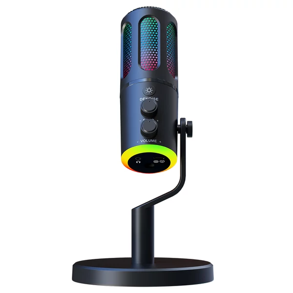 USB Plug & Play asztali mikrofon BP1532B1 hangkártyával, RGB fénnyel, zajszűréssel, kardioid iránnyal, Type‑C csatlakozóval és 3,5 mm monitorozással