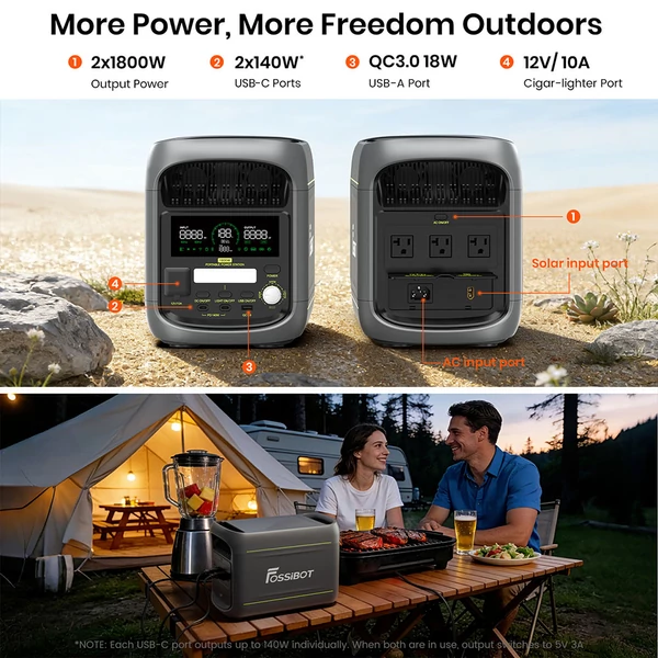 FOSSiBOT F1800 hordozható erőmű – 1024Wh LiFePO4, 1800W AC, villámgyors AC/napenergia‑töltés, többportos kimenet, appvezérlés, csendes UPS