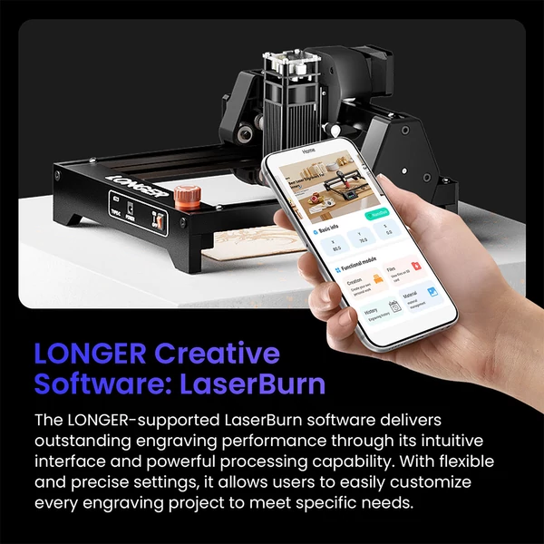 LONGER Ray5 Mini 5.5W lézergravírozó – 0.08mm pont, 12000mm/perc, 130×130mm, 8mm vágás, WiFi/USB/App, fa/akril/bőr/fém/kerámia