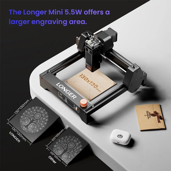 LONGER Ray5 Mini 5.5W lézergravírozó – 0.08mm pont, 12000mm/perc, 130×130mm, 8mm vágás, WiFi/USB/App, fa/akril/bőr/fém/kerámia